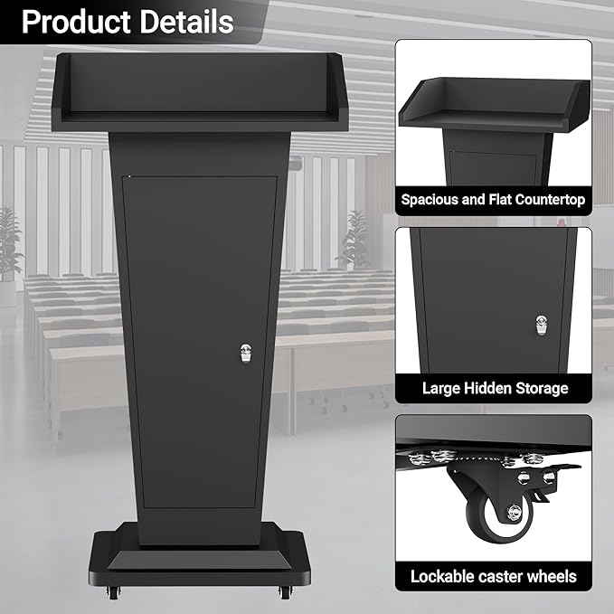 Tredre Podium Stand with Wheels, Heavy-Duty Metal Lecterns & Podiums with Storage, 46.5”H Portable Pulpits for Churches, Classrooms and Conferences, Scratch-Resistant Surface, Black