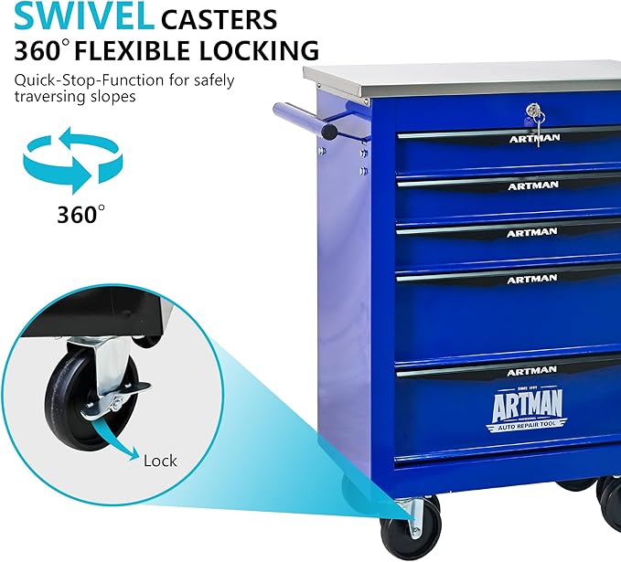 5 Drawers Tool Cart on Wheels with Stainless Steel Worktop, Heavy Duty Mobile Rolling Drawer Tool Chest with Locking Wheels & Lockable Drawers, Garage Tool Storage Cabinet (Blue, 5 Drawers)