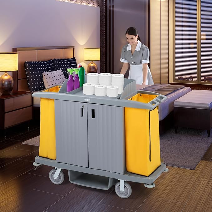 TUFFIOM Industrial Multifunctional Locking Hotel Cart, Commercial Traditional Cleaning Janitorial Room Service Housekeeping Cart, 51" H x 59" W x 20" D