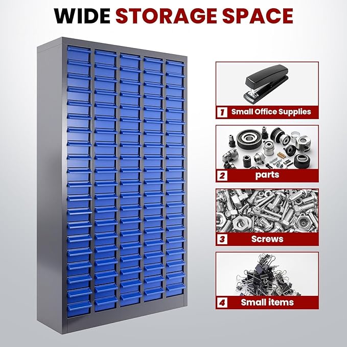 Nut and Bolt Storage Cabinet with ABS Drawer,Steel Small Parts Storage Organizer,46" H X 9" D X26 W Screw Organization for Garage Hardware,Nails,Fastener,Bolts,Nuts,and More (100 ABS Drawers)