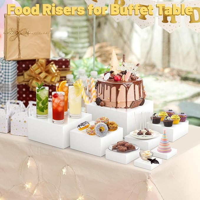 8 Pcs Buffet Food Risers,11" Large Acrylic Dessert Cupcake Table Stands White Fruit Display Shelf Catering Supplies Party Jewelry Show Decor Risers With Protective Film（11",10", 8", 7",6",5",4", 4")