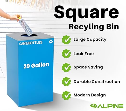 Alpine Industries 29 Gallon Commercial Indoor Recycle Bin with Lid, Blue Metal Container with Optional Lids