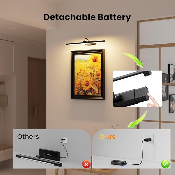 24" Picture Light with 8000mAh Battery - Black Operated Wireless Wall Sconce with Remote & Timer for Large Paintings, Photo, Canvas & Artwork