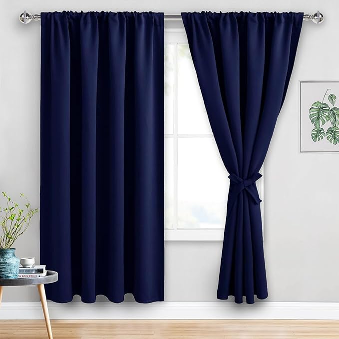 JIUZHEN Blackout Curtains for Bedroom - 60 Inch Extra Wide Thermal Insulated Room Darkening Privacy Soundproof Curtains for Living Room/Dorm Room, Set of 2 Panels, 60 x 72 inches, Navy Blue