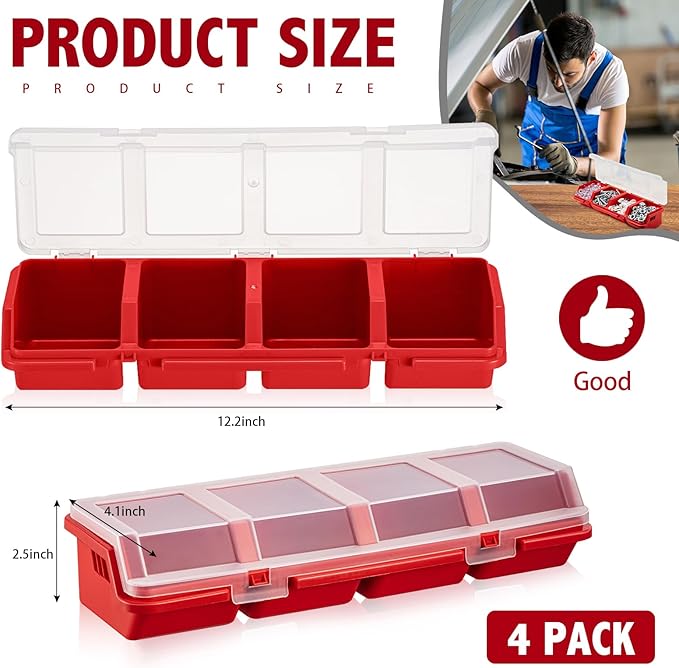Hushee 4 Pcs Screw Organizer Box with Lid 4 Compartments Tool Bin Divider Plastic Stackable Hardware Organizer Small Part Storage Sorting Screw Box for Garage Workbench Craft Storage (Red)