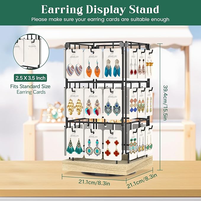 EsLuker.ly Rotating Earring Display Holder Stand for Vendors Events Selling, Large Capacity 36 Hooks Jewelry Rack with Wooden Base for Earring Card Sales, Enhances Retail Visibility(Oak Color)