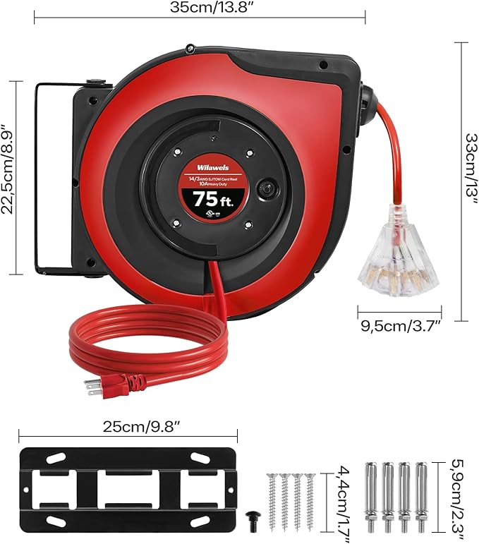 Retractable Extension Cord Reel, 75 FT Heavy Duty Extension Cord, 14AWG/3C SJTOW, 3 Grounded Outlets Lighted Triple Tap, 10A Circuit Breaker, Wall/Ceiling Mounted, UL Listed, Red R75CR06