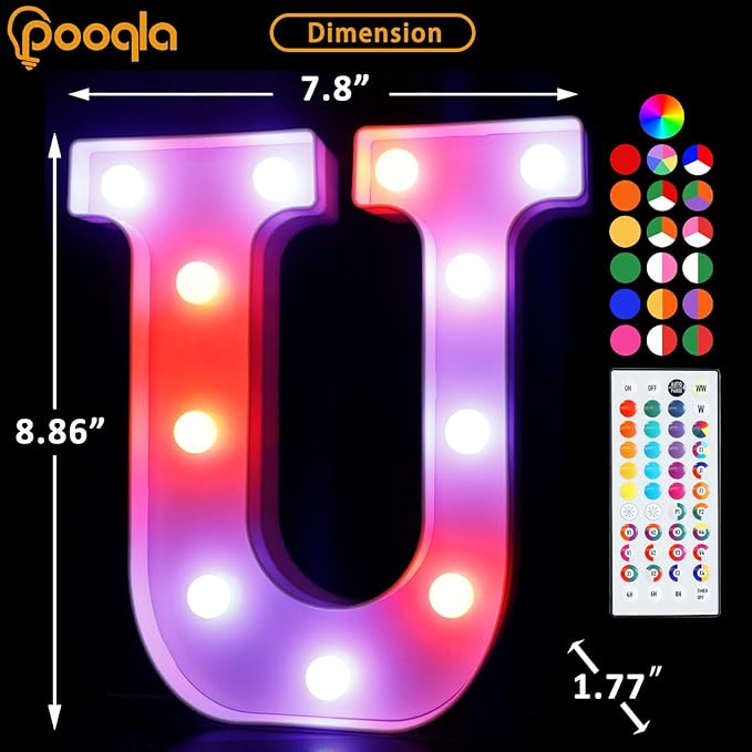 Pooqla Colorful Light Up Letters with Remote, Upgraded 35 Colors LED Marquee Letters, RGB Lighted Letter for Girls Teenager Gift, Birthday, Party, Wedding, Night Light, Room, Bedroom Decor, Letter U