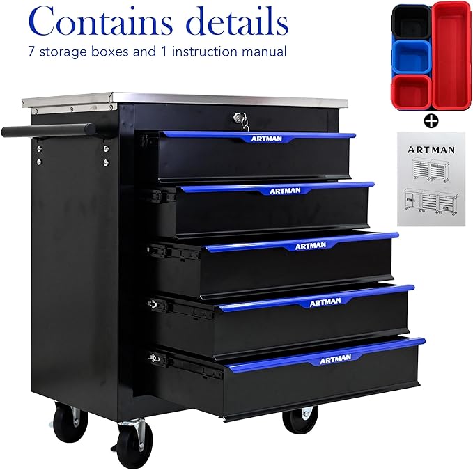5 Drawer Rolling Tool Chest with Locker, 25.9" D Metal Movable Lockable Tool Cart Box Multi-Functional Hardware Storage Cabinet Box for Warehouse Basement Home Pantry Garage