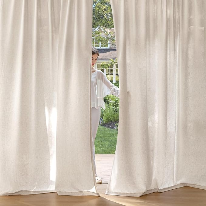 MIULEE Non-See-Through Privacy Linen Curtains 2 Panels, Light Filtering Window Curtains Farn House Textured Back Tab Semi Sheer Drapes for Bedroom Living Room, 52 x 63 Inches Long, Cream