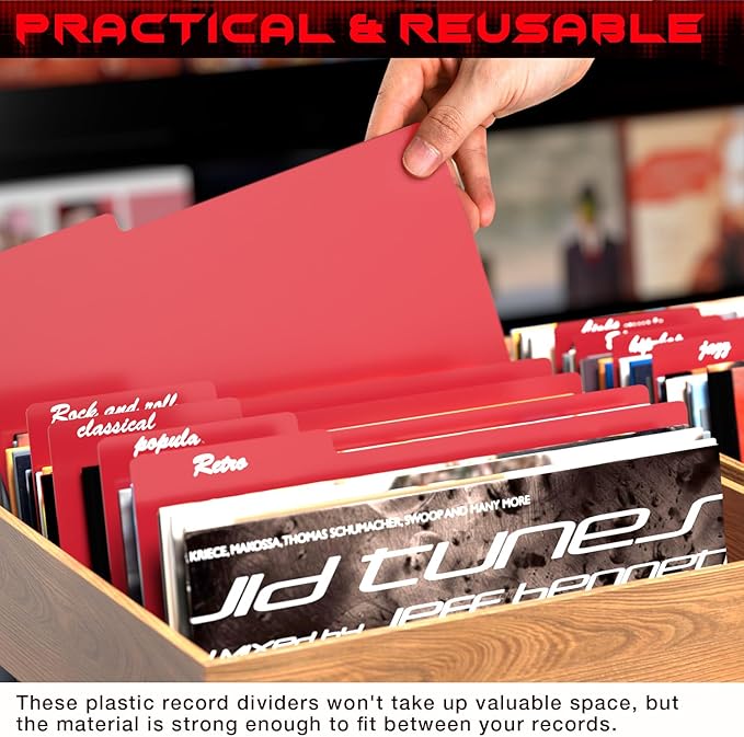 Facmogu 20PCS Vinyl Record Dividers, Upgrade Thicker Vinyl Record Separators, 33RPM Plastic Vinyl Record Divider Card, Blank Writable DIY Vinyl LP Album Separators for Vinyl CD, DVD Organization - Red