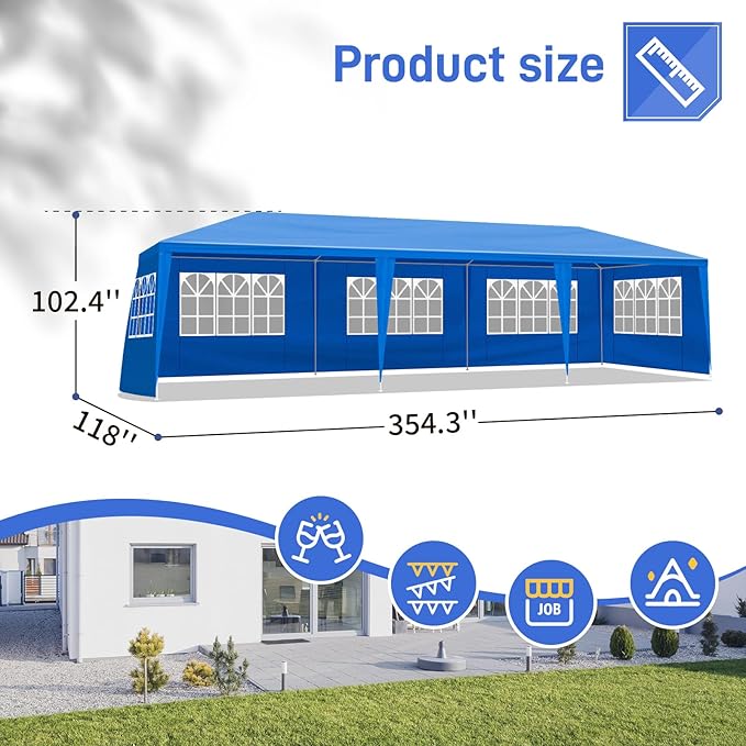 10x30 FT Party Tent, Outdoor Wedding Tents for Parties, Canopy Event Tent with 8 Removable Sidewalls, Waterproof Gazebo Shelter for Birthday Parties, Weddings, BBQs & Events (10X30FT-8Sides Blue)