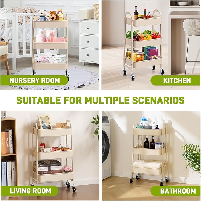 AGTEK 3-Tier Rolling Carts with Wheels, Rolling Utility Cart with Iron Frame for Kitchen, Plastic Shelves, Living Room, Office, Beige