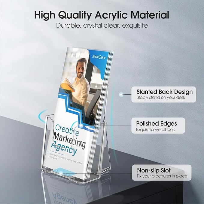 MaxGear Acrylic Brochure Holder, Trifold 4 inches Wide Plastic Literature Holder For Pamphlets, Flyers, Rack Cards,Wall Mount Clear Countertop Organizer Display Stand, Office or Home Use, 12 Pack