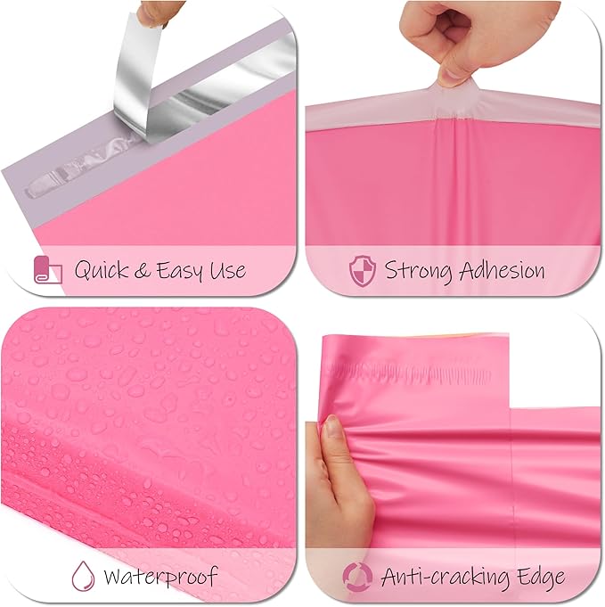 JinRuiKJ Poly Mailers with Handle 10x13 Inch 25 Pcs, Self Sealing Shipping Bags for Clothing, Easy to Carry Packaging Bags for Small Business - Pure Pink