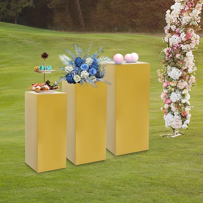 Eapmic Pedestal Stands for Party, Cake Pedestal Stand, Dessert Table Display Plinth Pillars, Sculpture Display Column Decoration Cube for Wedding Birthday (Gold, Square-3Pcs(31.49"+25.59"+23.62"))