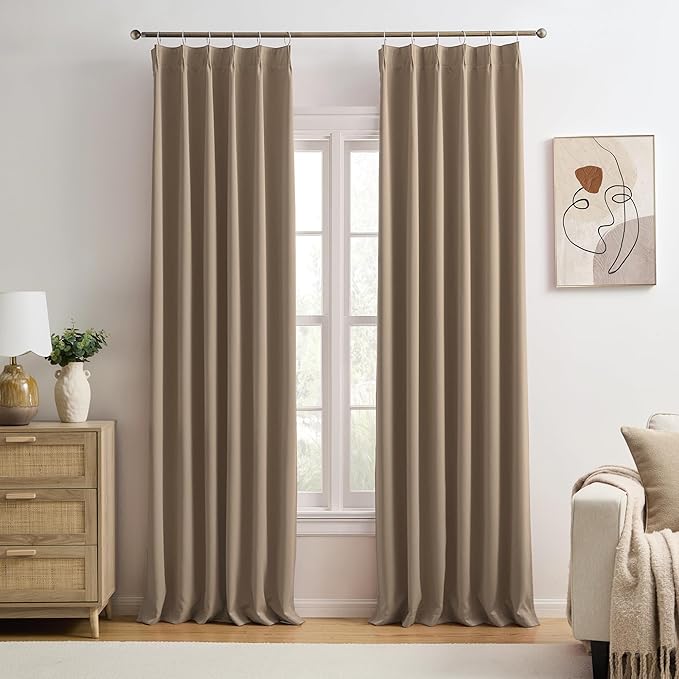 KEQIAOSUOCAI Pinch Pleated Blackout Curtains 108 Inch Long 2 Panels for Bedroom Living Room Thermal Insulated Black Out Window Curtain Pinched Pleat Drape with Hooks (W40 x L108 Inch, Cappuccino)