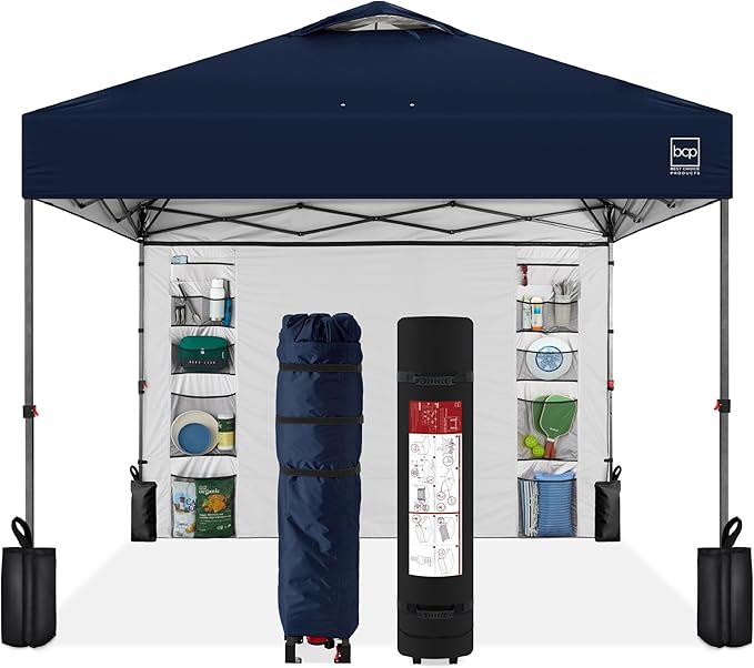 Best Choice Products 10x10ft Easy Pop Up Canopy w/Side Wall, 10 Pockets, Portable Carrying Case, 1-Button Setup, 4 Weight Bags - Navy Blue