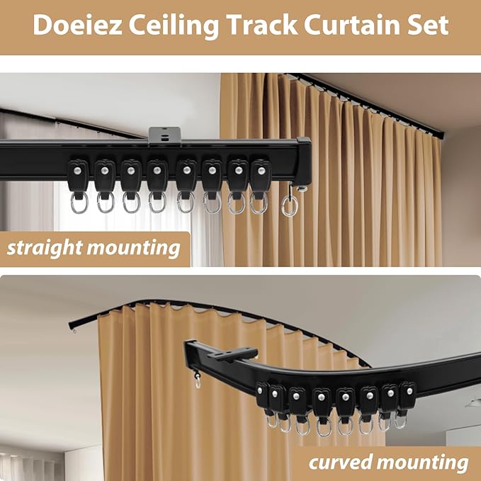 Room Divider Blackout Curtains Flexible Sliding Tracks Sets Ceiling Mounted Rod Window Curtain Privacy Separation for Bedroom Living Rooms,1 Panel Khaki Drape and Black Track Set-W72xH84 in