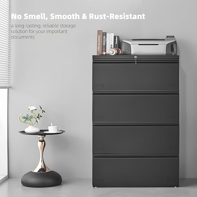 Lateral 4 Drawer File Cabient with Lock, Metal Filing Cabinets for Home Office, Heavty Duty Office Storage Cabinet for A4/Letter/Legal (Matte Black)