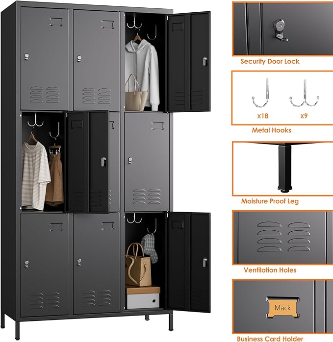 Aobabo New 9 Doors Metal Storage Locker for Employees, Lockable Steel Locker with Name Card Slot and 27 Hooks for School Office Gym Garage, Black, Assembly Required