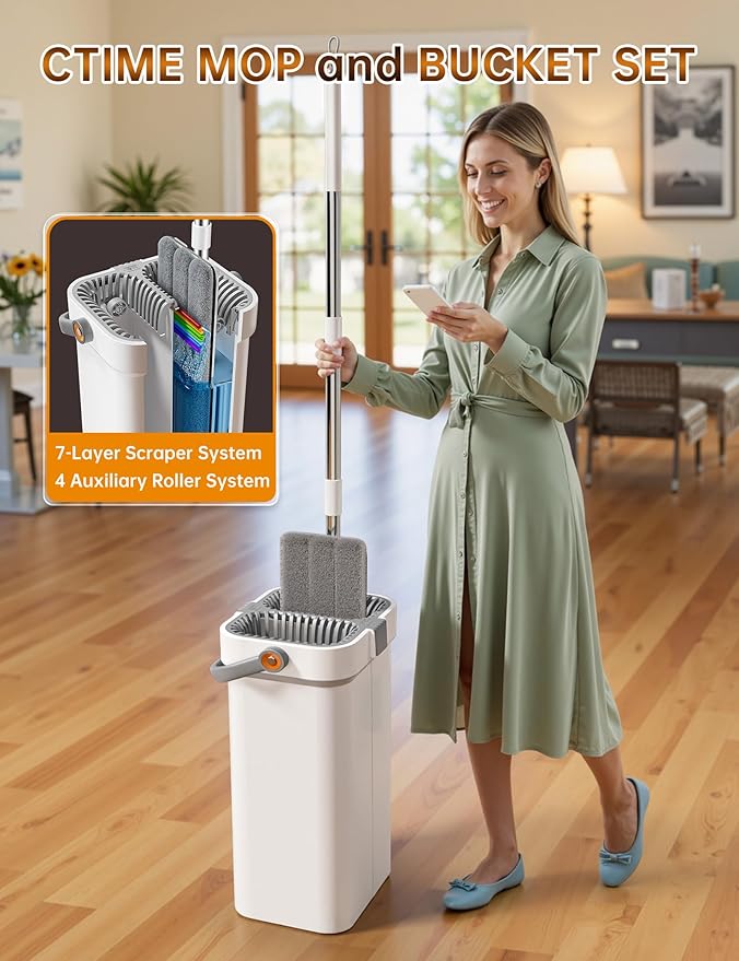 CTIME Large Mop and Bucket with Wringer Set, 7-Layer Scrapers, Flat Mop and Bucket System, Wall Mop with Adjustable Handle, 4 Washable 15.74" Microfiber Pads