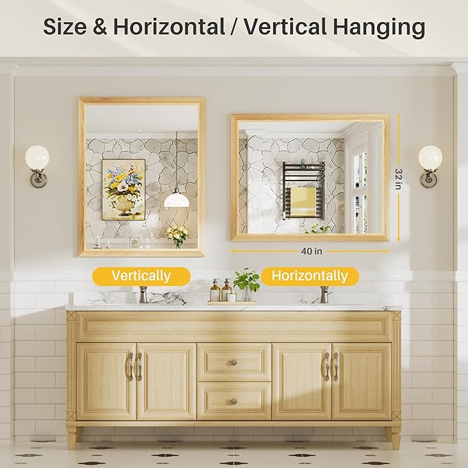 40x32 Inch Bathroom Mirror for Wall, Anti-Rust Oak Wood Grain Metal Framed Bathroom Mirrors for Over Sink,Rectangler Mirrors for Bathroom Vanity, Farmhouse, Bedroom, Living Room, Entryway Decor