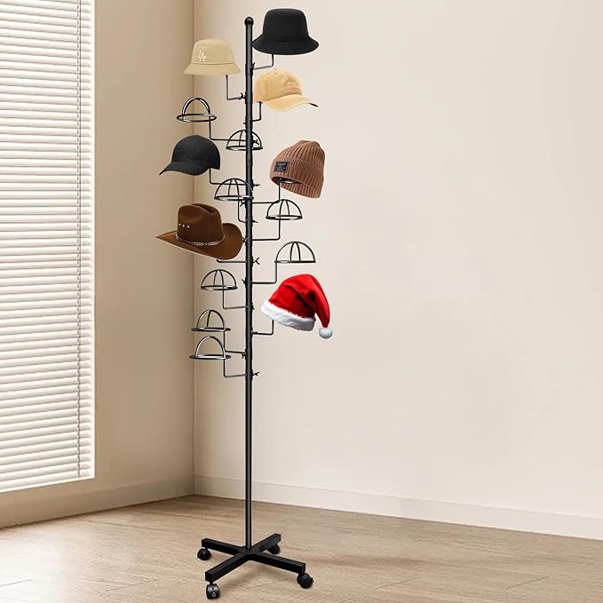Montex Freestanding Hat Rack Stand, Metal Hat Organizer Rack with 15 Customisable Circular Hooks, Hats Tree Stand Floor Standing Hat Display, Black