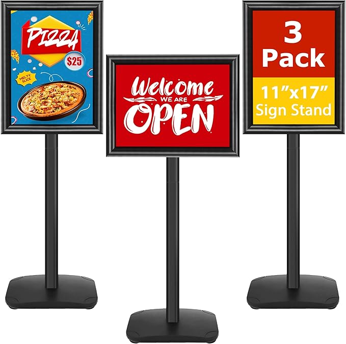 3 Pack Heavy Duty Sign Holder Stand 11x17 Inch - Pedestal Floor Standing Sign Holder with Weighted Base - Vertical & Horizontal Poster/Menu Display Stands for Indoor/Outdoor Advertising, Black