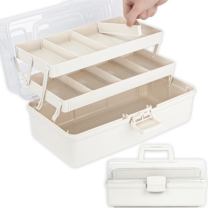 14in 3-Layer Multipurpose Craft Organizers and Storage with Adjustable Dividers, Portable Tackle Box, Folding Art & Craft Case for Medicine, Tool, Sewing Organizer (White, X-Large)