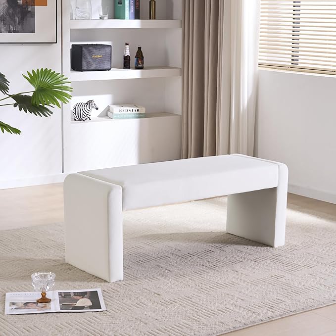 Velvet Entryway Bench End of Bed Bench Upholstered Modern Window Bench Comfy Ottoman for Dining Room/Bedroom/Living Room/Hallway/Indoor (Ivory White)