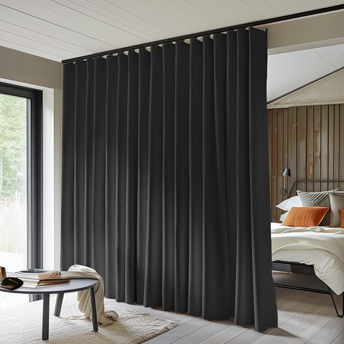 Room Divider Curtains Total Blackout Privacy Curtain Panel Room Thermal Insulated Noise Reduction Curtains for Bedroom Window Living Room Ceiling Track Curtain W 12.5 ft × H 8ft Black
