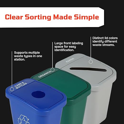 City Box 10 Gallon Triple Bin Trash Can and Recycling Bin with Lid for Residential, Business, and Commercial Recycling - NYC Compliant (Triple Recycle Organics Waste)