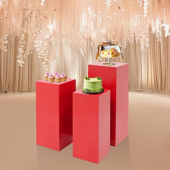 Cake Pedestal Stands for Party 3PCS Dessert Table Display Plinth Pillars Red Square Pedestal Stands for Wedding Sculpture Display Column Decoration Cube (3PCS-Square-Red)