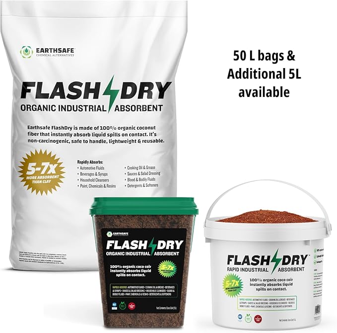 FlashDry Super Spill Absorbent, 5L Bucket with Dispenser Lid, 100% Organic Coco Coir, Landfill Safe, OSHA Approved, Ideal for Absorbing Oil, Paint, Grease in Garages Kitchens Janitor Kits, Pack of 12