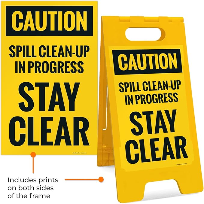 Caution Spill Cleanup in Progress Stay Clear Sidewalk Sign Kit, 10x16 Inches, with A Frame Stand, Made in USA