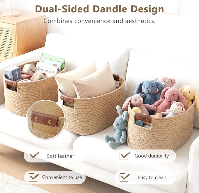 Cotton Rope Basket, Storage Baskets with Handle, 15x10x9 Inch Woven Basket for Shelves, Laundry, Towels, Clothes, Books (Jute/Brown 2Pack)