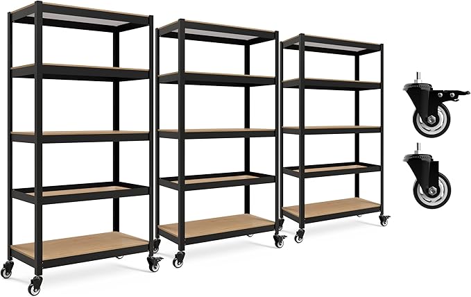HOMEDANT House 5-Tier Metal Rolling Cart Shelf Rack Casters Heavy Duty Laminated Wheel Shelving Unit Adjustable Utility Storage Shelves Organizer Shelf Kitchen Garage (3, (M) 36.2" W, Black)
