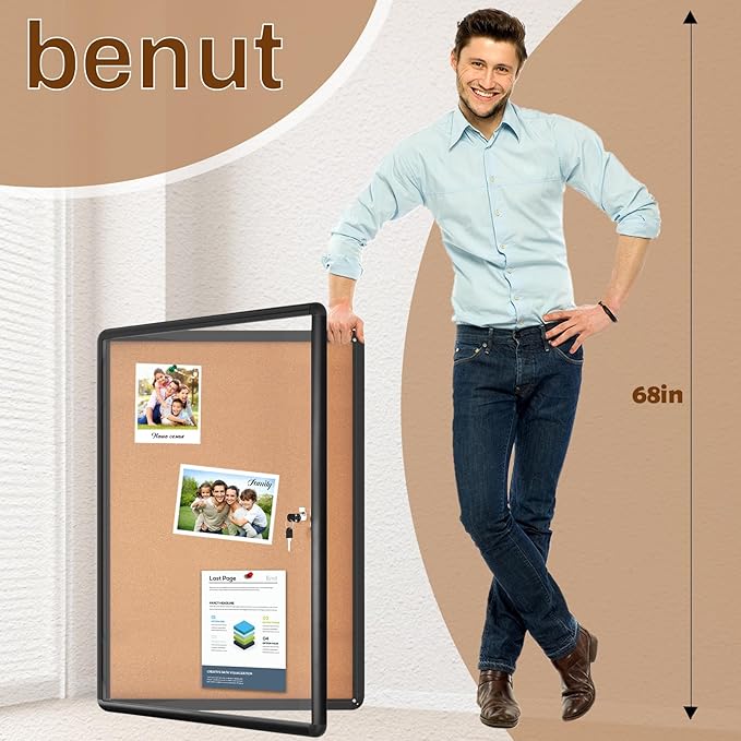 36"x24" Enclosed Bulletin Board Tamper-Proof Dispaly Case, Black Aluminium Frame, Shatter Resistant Lockable Bulletin Board, Enclosed Cork Board for School, Office,Commercial