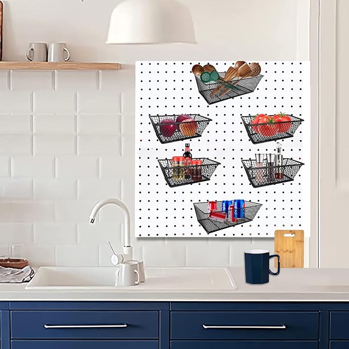 Pegboard Baskets Bins Set 6 Pack 2 Size Metal Pegboard Baskets Black Metal Wire Shelves Hooks for Organizing Various Tools Garage Workbench Kitchen Office Craft Room