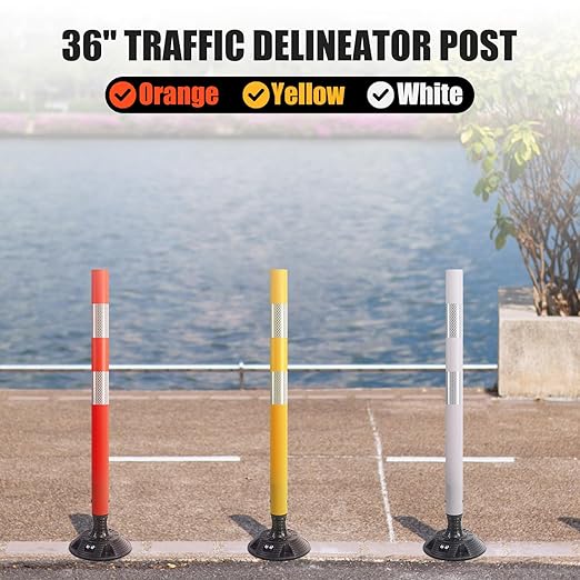 8 Pack Traffic Delineator Post Cones, High Visibility 3M Reflective Tapes, Flexible Spring Post with Detachable Base, for Highway Road Safety, Garage, Parking Lot (Orange, 36")