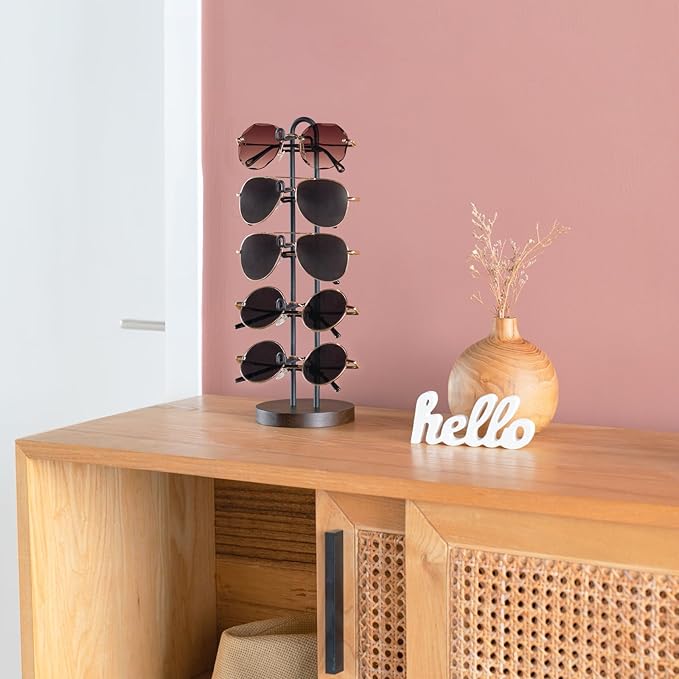 Mkono Sunglasses Organizer Glasses Holder Stand Sunglass Storage Eyeglasses Rack Metal Frame with Wood Base for 5 Pairs of Eyewear Display for Table Desk Countertop Dresser Bedroom, Set of 1, Black