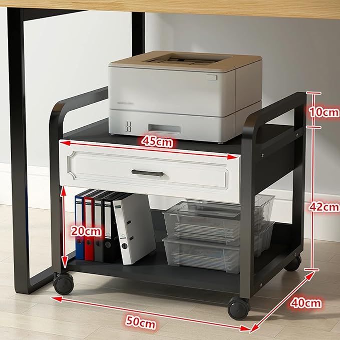 Printer Stand Office Printing 2 Tier Vintage Under Desk with Drawers and Caster Wheel for Home Table Organizer Mobile Shelf Cart Table