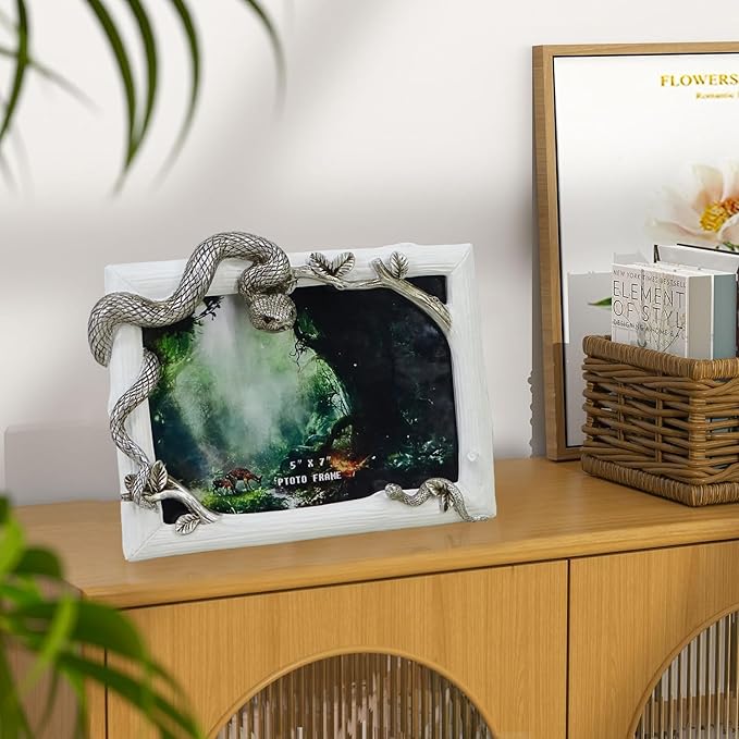 Decorative Snake Resin Picture Frame - 5x7 Inch Tabletop Photo Display with Mother & Baby Snake Design, Silver Wildlife Home Decor Art