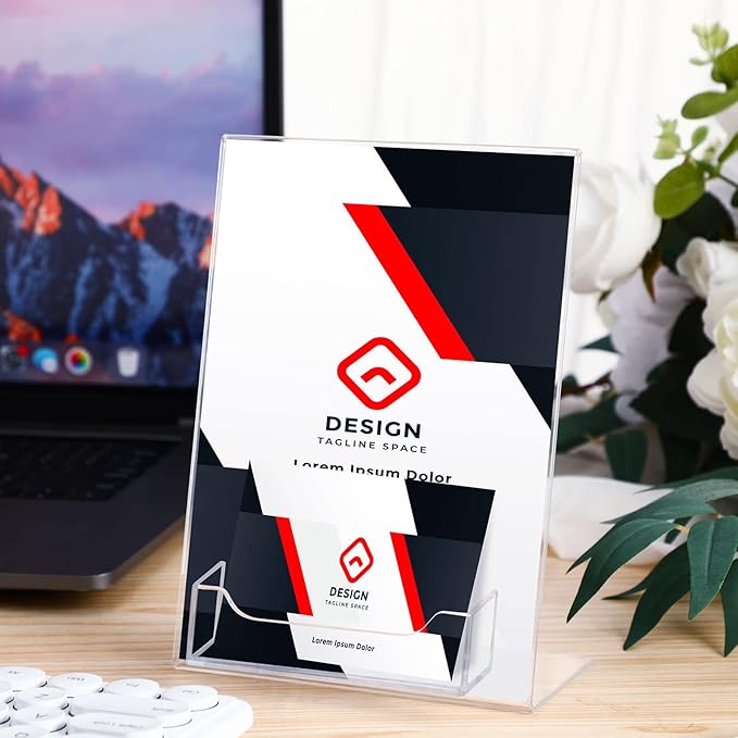Remerry 12 Pcs Acrylic Sign Holder with Business Card Holder Slanted Paper Stand Clear Brochure Display Stand Heavy Duty Plastic Signs for Office Table Advertisement Flyer (5 x 7 Inch)