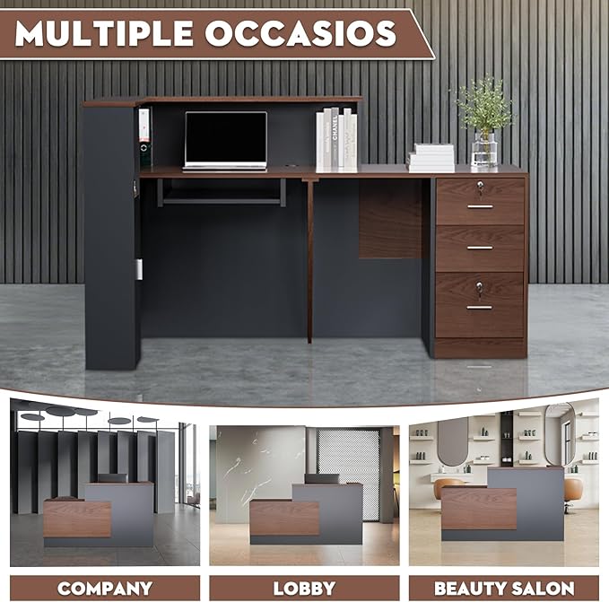 L-Shaped Modern Reception Desk with Counter & Storage - 71" Large Office Front Desk, Salon Checkout Counter with Lockable Cabinets, Shelves(Brown & Black, Right - 71''L x 34''W x 41''H)