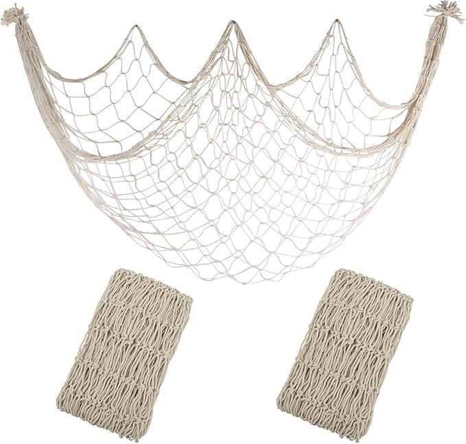 2 Pack Fish Net Decorations - 80x40 Inch Beige Fishing Net Decor for Under The Sea Hawaiian Beach Themed Party, 3mm Natural Cotton Versatile Nautical Netting for Wall Table Ceiling Halloween Decor
