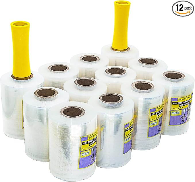 " 12-Pack " Mini Stretch Wrap Roll with Handle | 5 inch x 1000ft x 12 pcs | Shrink Wrap Roll | Stretch Wrap for Moving | Plastic Wrap for Moving | Stretch Film Wrap for Moving | 5 inch Stretch Wrap |