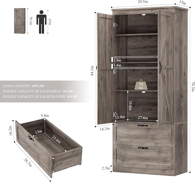 HOSTACK 70" Tall Kitchen Pantry Storage, Barn Doors Pantry Cabinet with Drawers and Adjustable Shelf, Modern Farmhouse Storage Cabinet for Kitchen, Dining Room, Living Room, Bathroom, Ash Grey