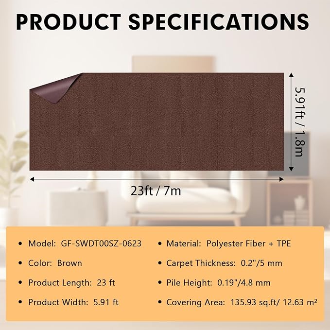 Marine Carpet,5 FT x 10 FT Brown Indoor Outdoor Carpet 0.2" Thick Boat Carpet with Water-Proof TPE Backing, Non-Slide Outdoor Marine Carpet Roll for Home, Patio, Porch, Deck